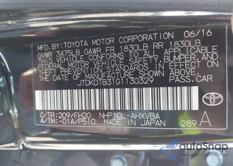2016 Toyota Prius C One z USA, uszkodzony, nr VIN JTDKDTB31G1130329